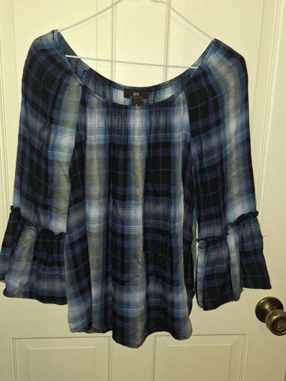 I.N. San Fransisco Blue and Black Plaid Blouse, Size Medium